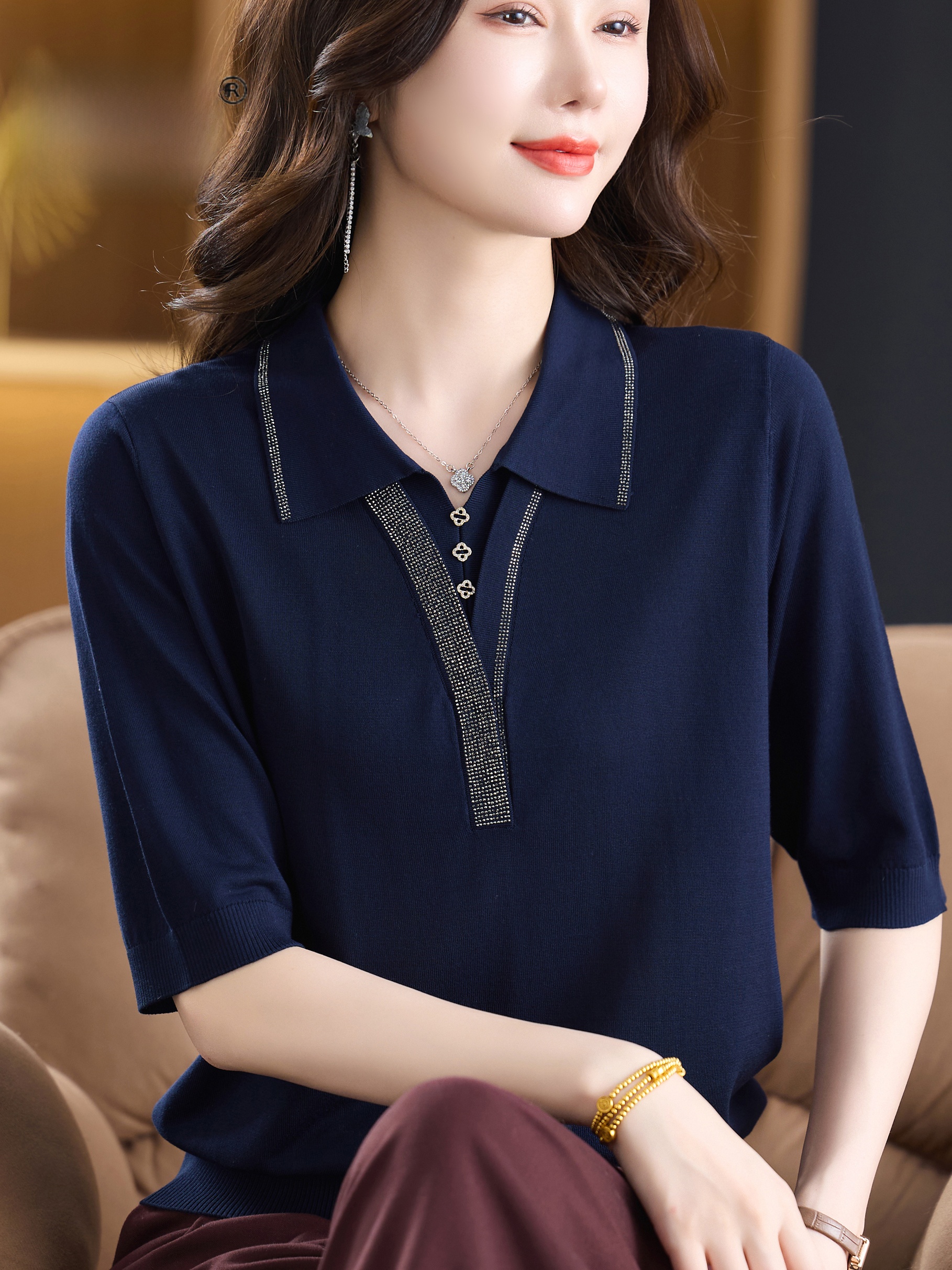 เสื้อยืดไหมน้ำแข็งถักแขนสั้นคอ - Women Fashion Over 60 บทวิจารณ์และราคา