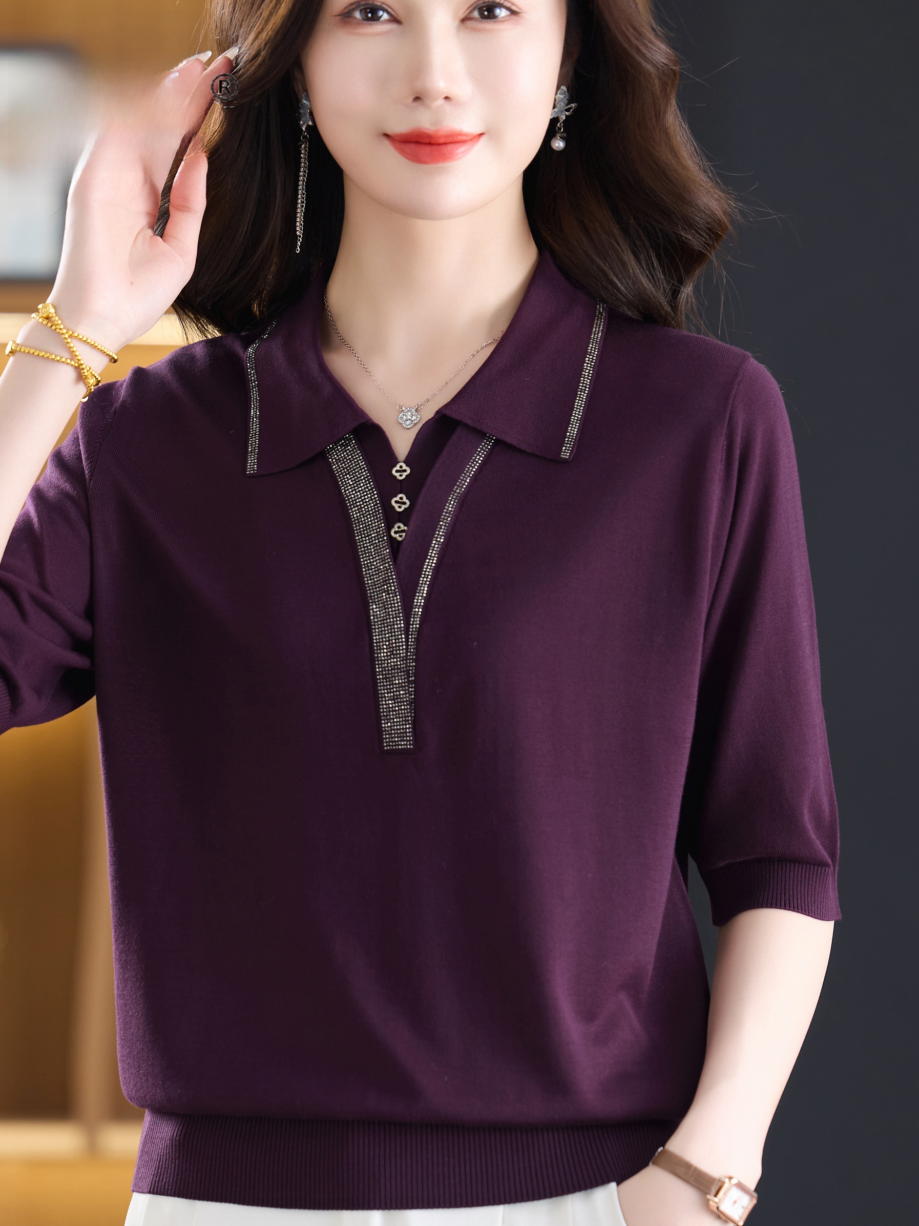เสื้อยืดไหมน้ำแข็งถักแขนสั้นคอ - Women Fashion Over 60 บทวิจารณ์และราคา
